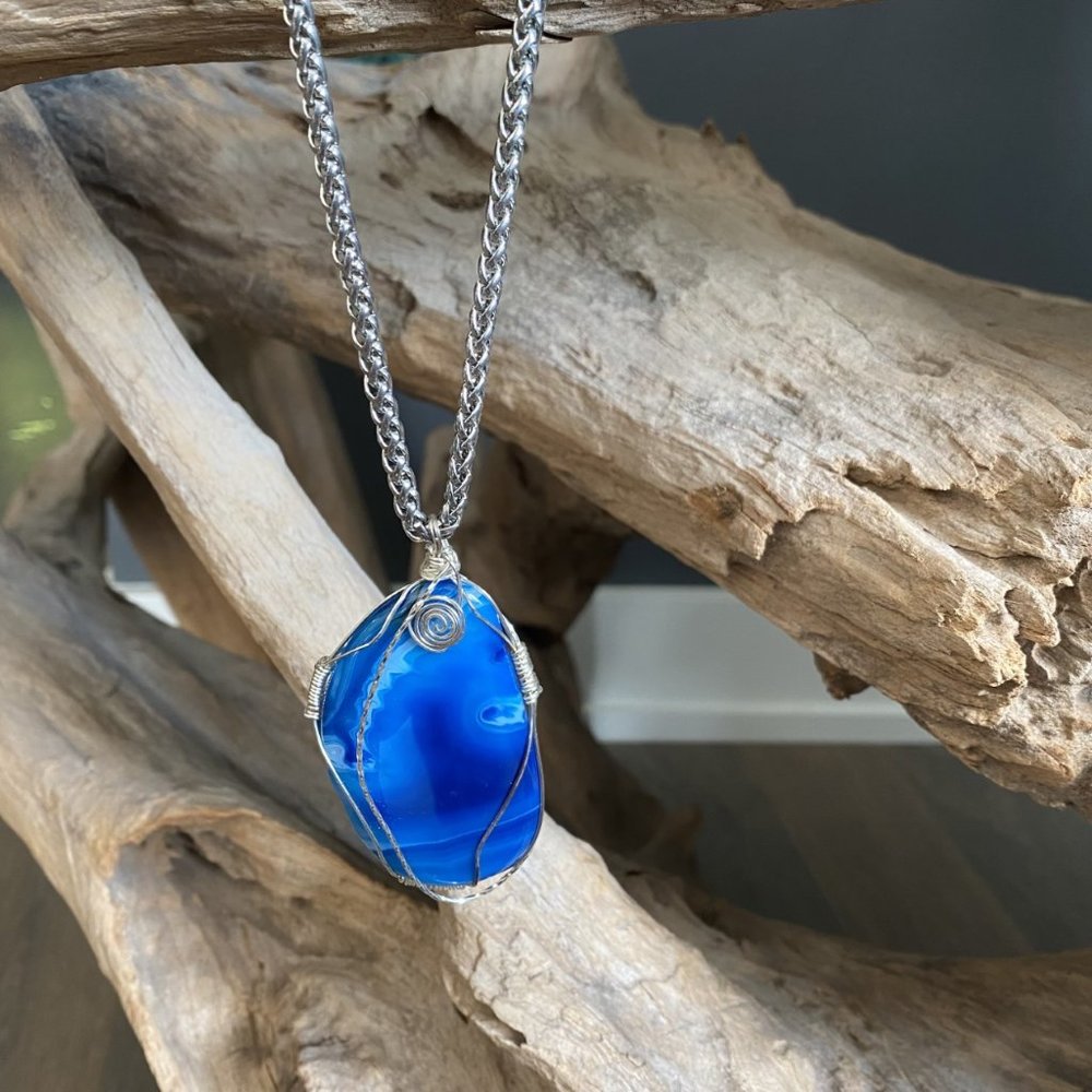 Blue Aqua Agate Stone Necklace - Picture 1 of 8